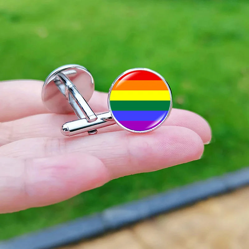 Lesbian Gay Pride Cufflinks for Fans LGBT Creative Rainbow Flag Glass Gem Charm Shirt Decoration Cuff Buttons