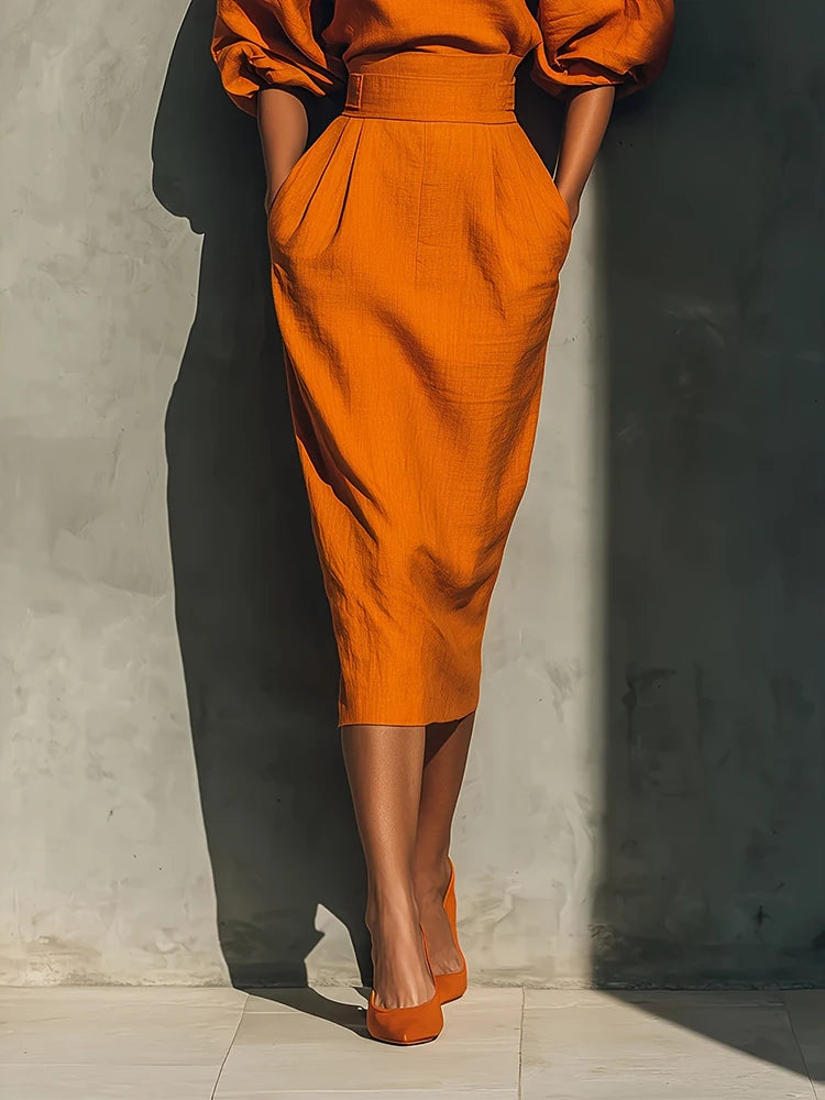 Elegant Fashion Solid Party A-lien Dress Casual O-neck Lantern Sleeve Pocket Dress Temperament High Waist Pleated Wrap Hip Dress