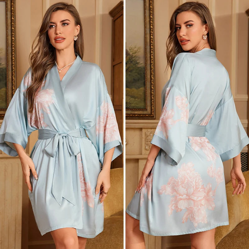 Navy Blue Print Flower Robe Nightgown Silk Satin Female Sleepwear Nightdress Spring Summer Loose Kimono Bathrobe Gown Home Wear