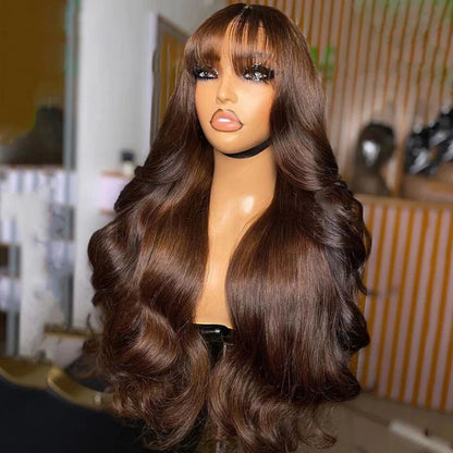 Chocolate Brown 13x6 HD Lace Frontal Human Hair Wig With Bangs Fringe Body Wave Lace Front Wig Colored 4# Cheap Wigs With Bang