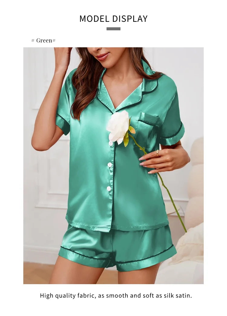 Women's Satin Pajama Set Summer Sleepwear Loungewear Short Sleeve Lapel Top & Shorts Pyjamas Button Home Clothes Pajamas Pjs Set
