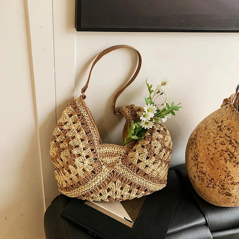 Ladies Knitted Straw Handbag Hollow out Hand Woven Beach Shoulder Bag for Women Seaside Tote Perfect for Vacations