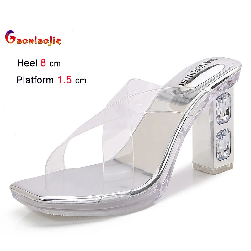 2025 Red High Heels 8cm Women Shoes Rhinestone Thick Heels Square Toe Ladies Pumps Cross Tie Straps Slippers Sandals Party Shoes