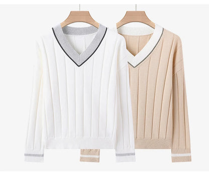 BY4521246 Women's Luxurious V-Neck Long Sleeve Sweater 100% Cotton Casual Knitted Pullover Fall Winter 2025