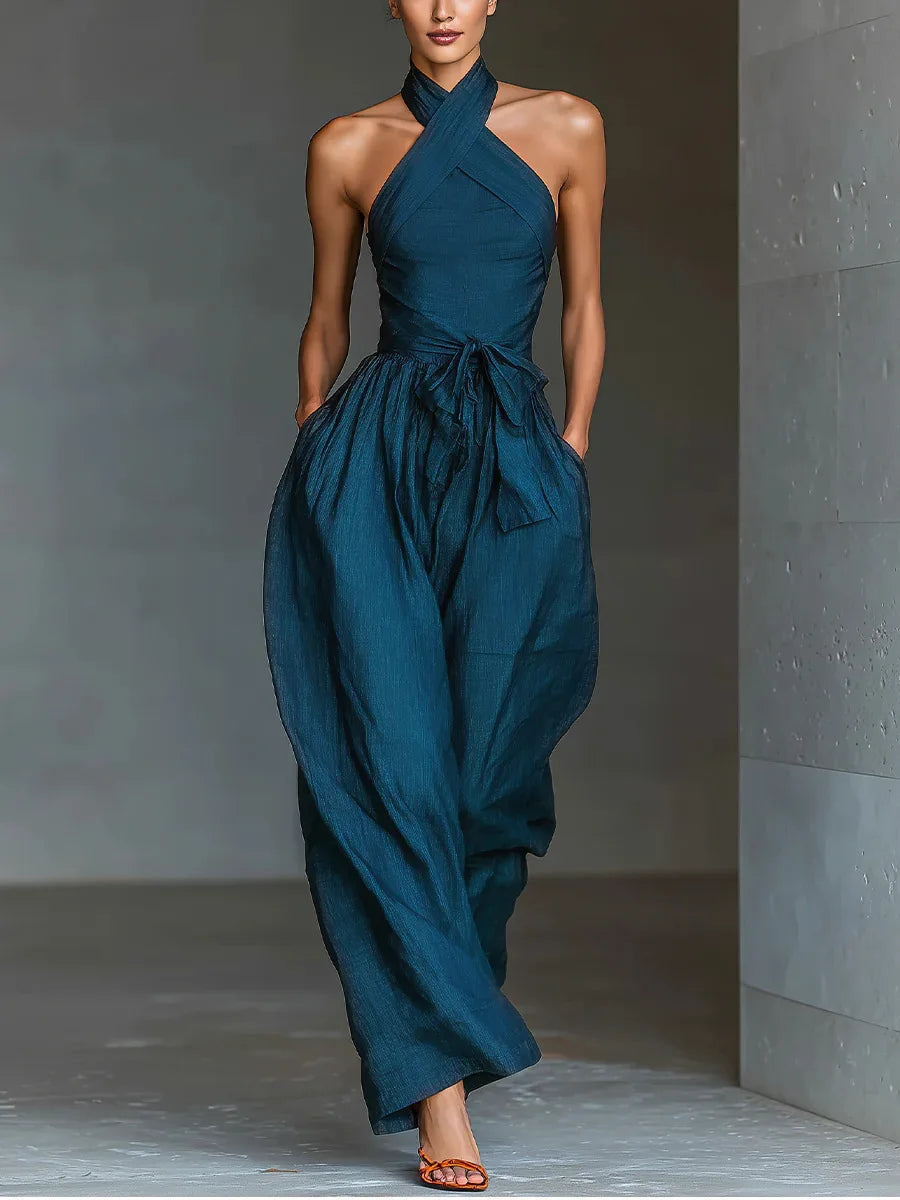 Chic High Waist Tie-up Wide Leg Pants Jumpsuit Women Sexy Criss Cross Halter Backless Zips Romper Summer Solid Office Overalls