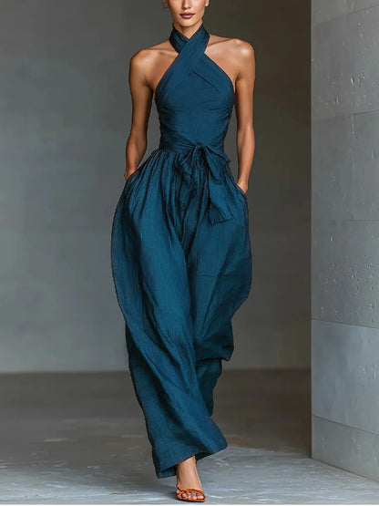 Chic High Waist Tie-up Wide Leg Pants Jumpsuit Women Sexy Criss Cross Halter Backless Zips Romper Summer Solid Office Overalls