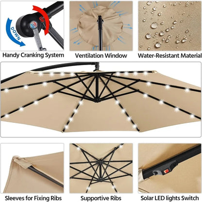 Solar Offset Umbrella with 10FT 32 LED Lights Cantilever Outdoor Umbrellas Handy Crank & Cross Base  for The Beach for Backyard