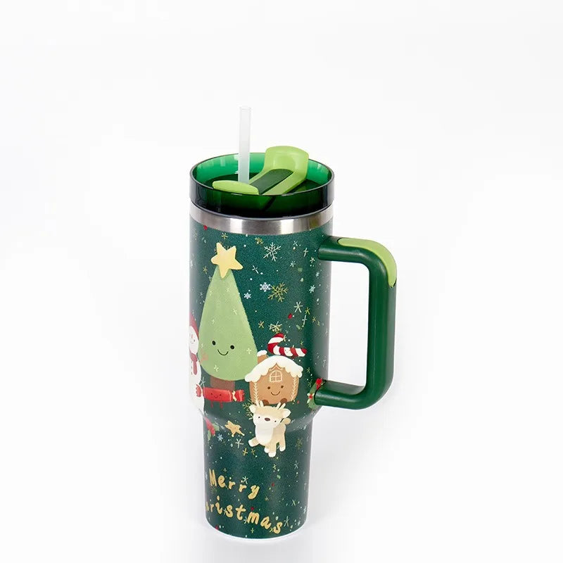 40oz Thermos Bottles Stainless Steel Christmas Series Insulated Water Bottle with Handle/straw Car Ice King Cup Christmas Gift