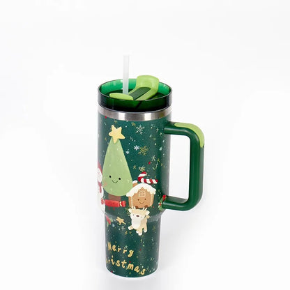 40oz Thermos Bottles Stainless Steel Christmas Series Insulated Water Bottle with Handle/straw Car Ice King Cup Christmas Gift