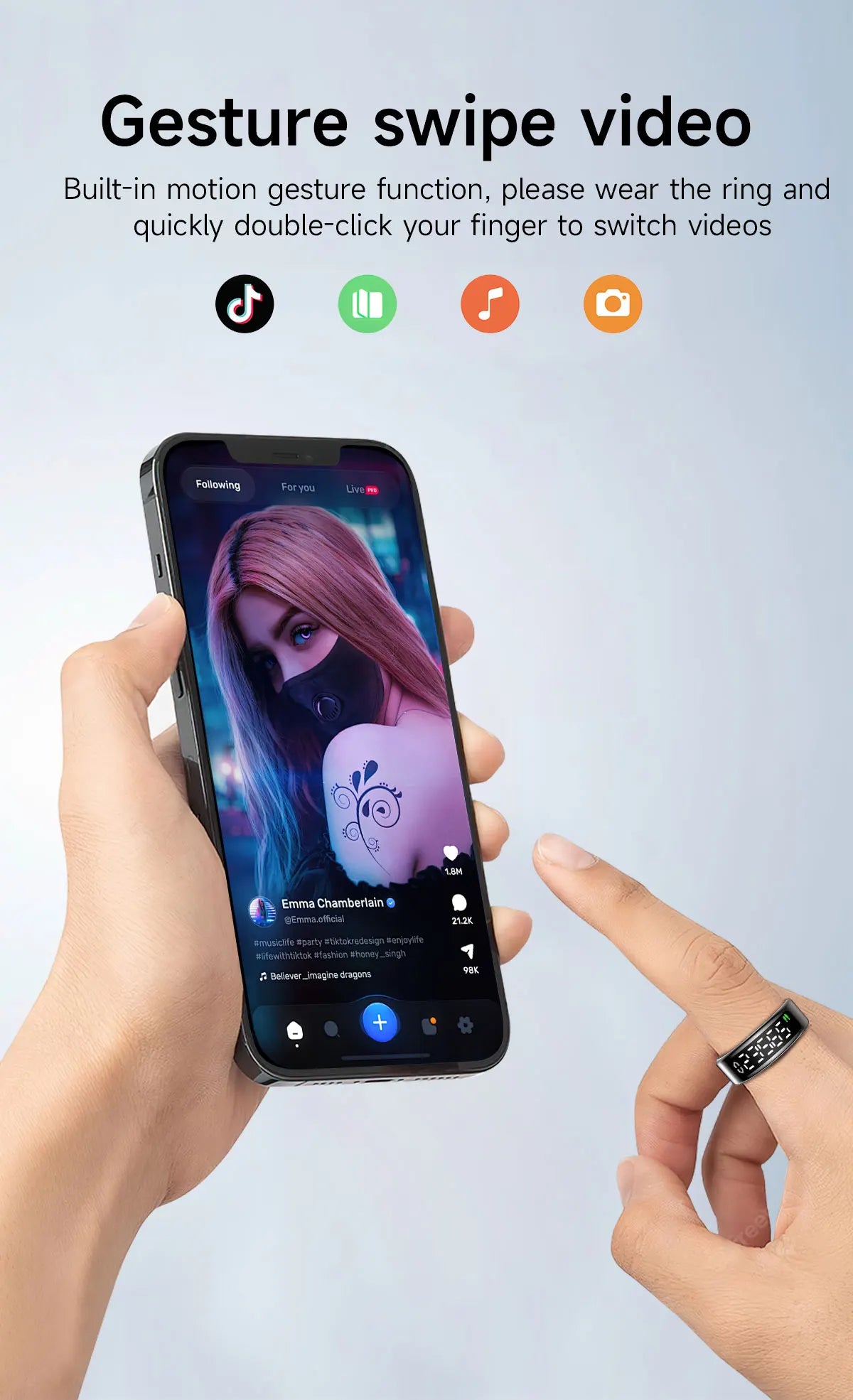 Smart Ring + Case Display Screen Touch Health Monitor Gesture Swipe Video/Brush Tiktok 5ATM Waterproof Smartring for Men Women