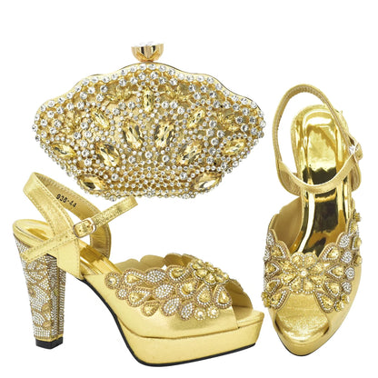 Fashion Italian Shoe and Bag Set for Party In Women Afrcan Party Shoes with Bag Set with Rhinetsone Luxury Shoes Women Designers