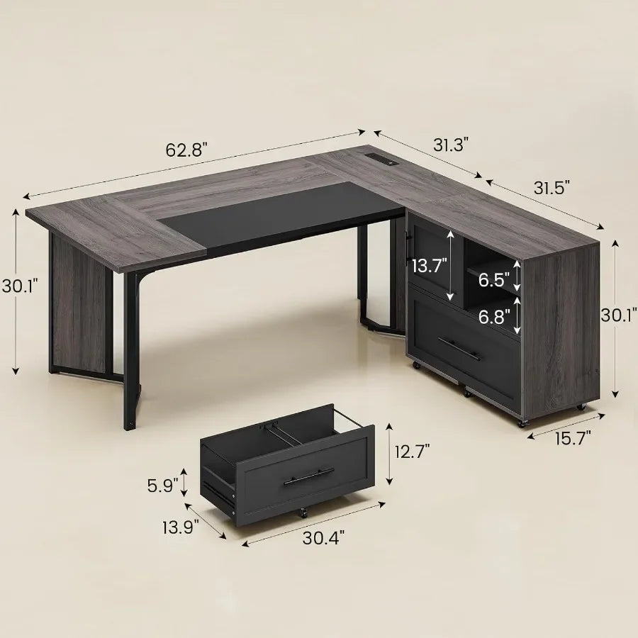 63 Executive Desk with Mobile File Cabinet for Large Office Spaces Modern L-Shaped Workstation with Built-in Power Outlets Inte