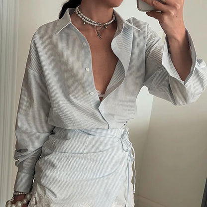 Striped Mini Dress Women Lapel Single Breasted Long Sleeves Lace Patchwork Waistband Robe Female 2026 Summer Beach Vacation Sets