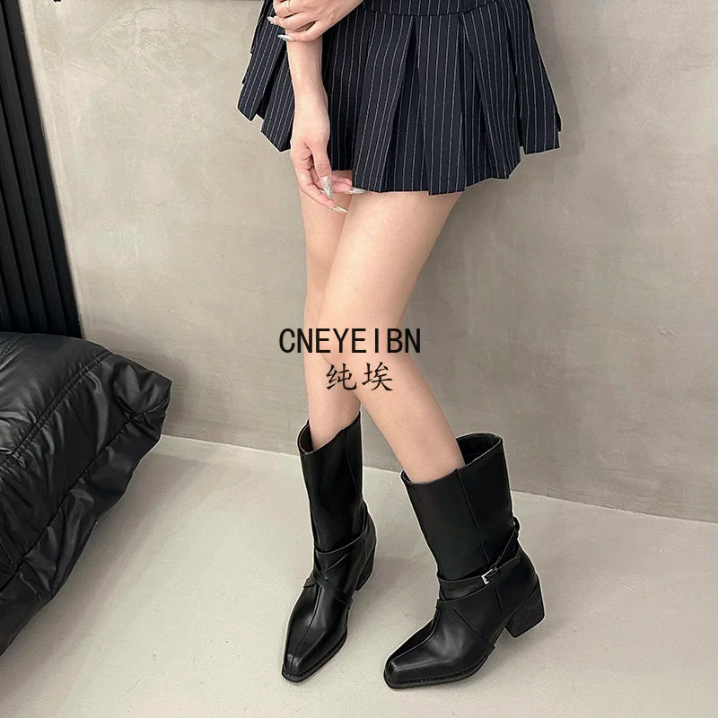 New Women Square Toe Cross Strap Buckle Knee High Boots Leather Chunky Heel Vintage Tall Boots Ladies Daily Commute Botas Mujer