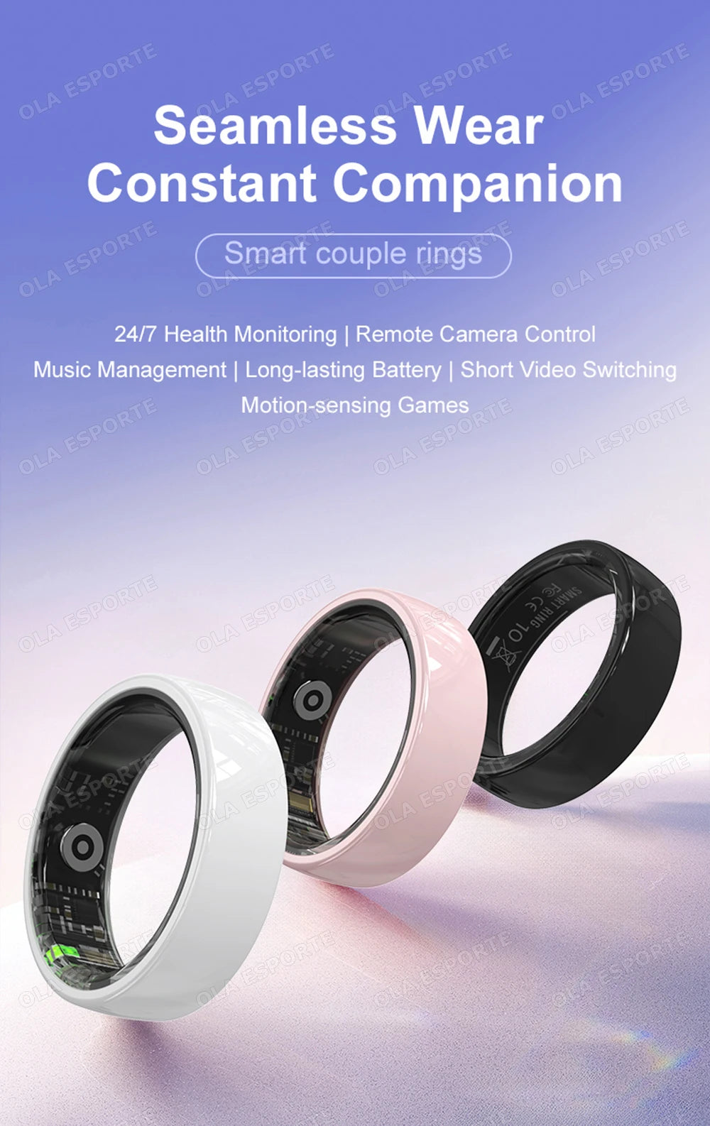 Smart Couple Ring Bluetooth Connection Multiple Sports Modes Pedometer Fitness Rings Heart Rate Sleep Monitoring 5ATM Waterproof