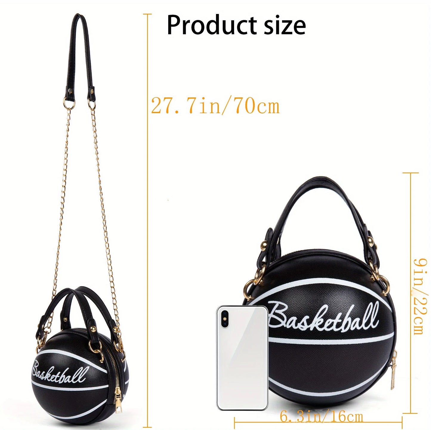 Basketball Shaped Crossbody Bag, Trendy Y2K Chain Shoulder Bag, PU Leather Top Handle Circle Purse Purses and Handbags Hand Bags