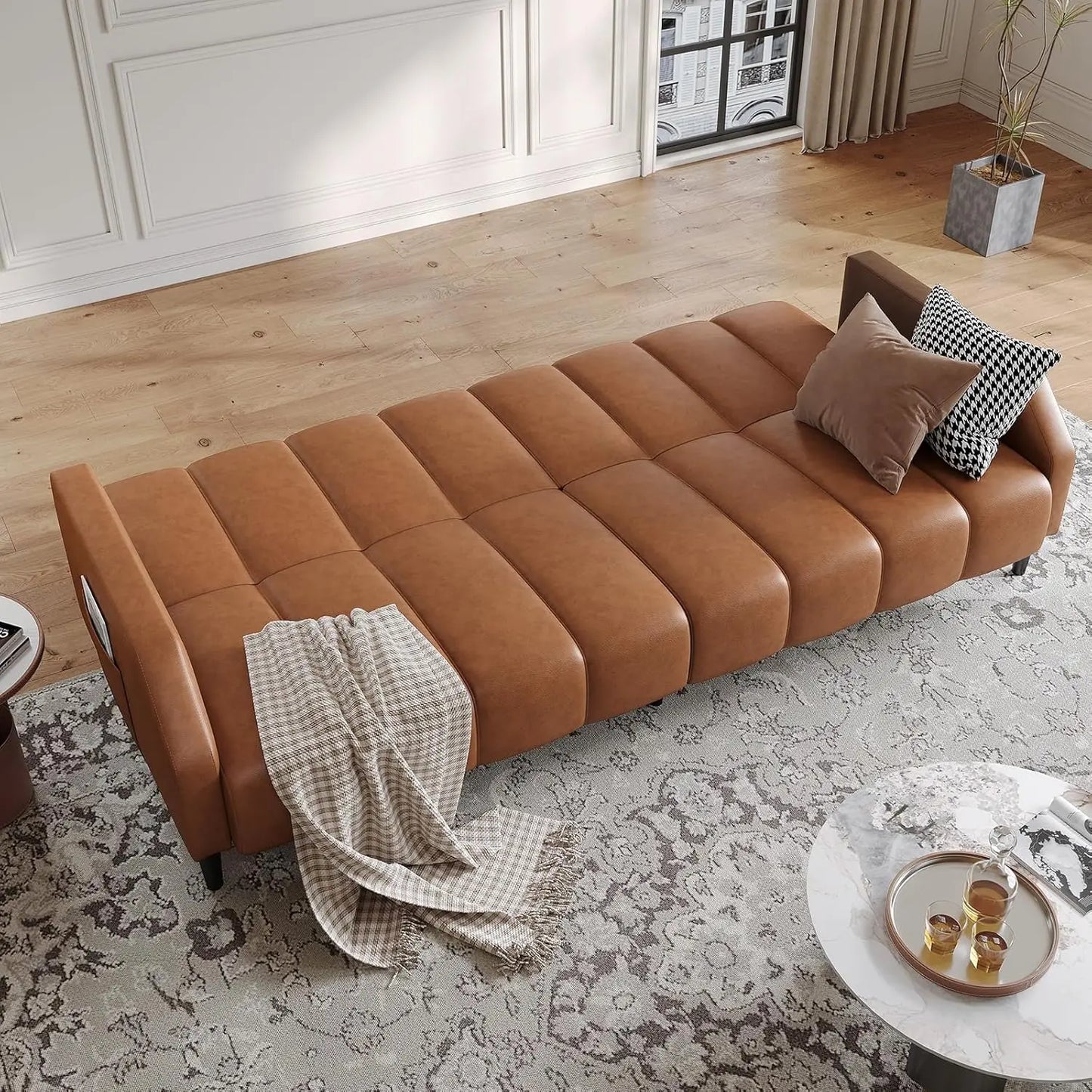 Faux Leather Couch, Convertible Futon Sofa Bed with Adjustable Backrest, Mid Century Leather Sofa Loveseat , Customized