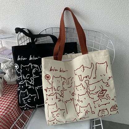 Canvas Bags Handbag for Women Shopper Cute Cat Tote Bag with Zipper Designer Bag Japanese Style Cartoon Small Shoulder Bags