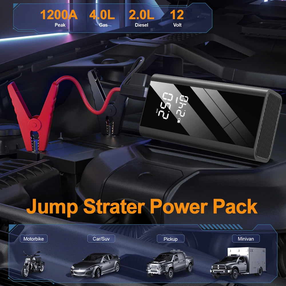 Car Jump Starter With Air Compressor LCD Screen  Portable Booster Charger 1200A Powerful Car Battery Starting Device Car Starter