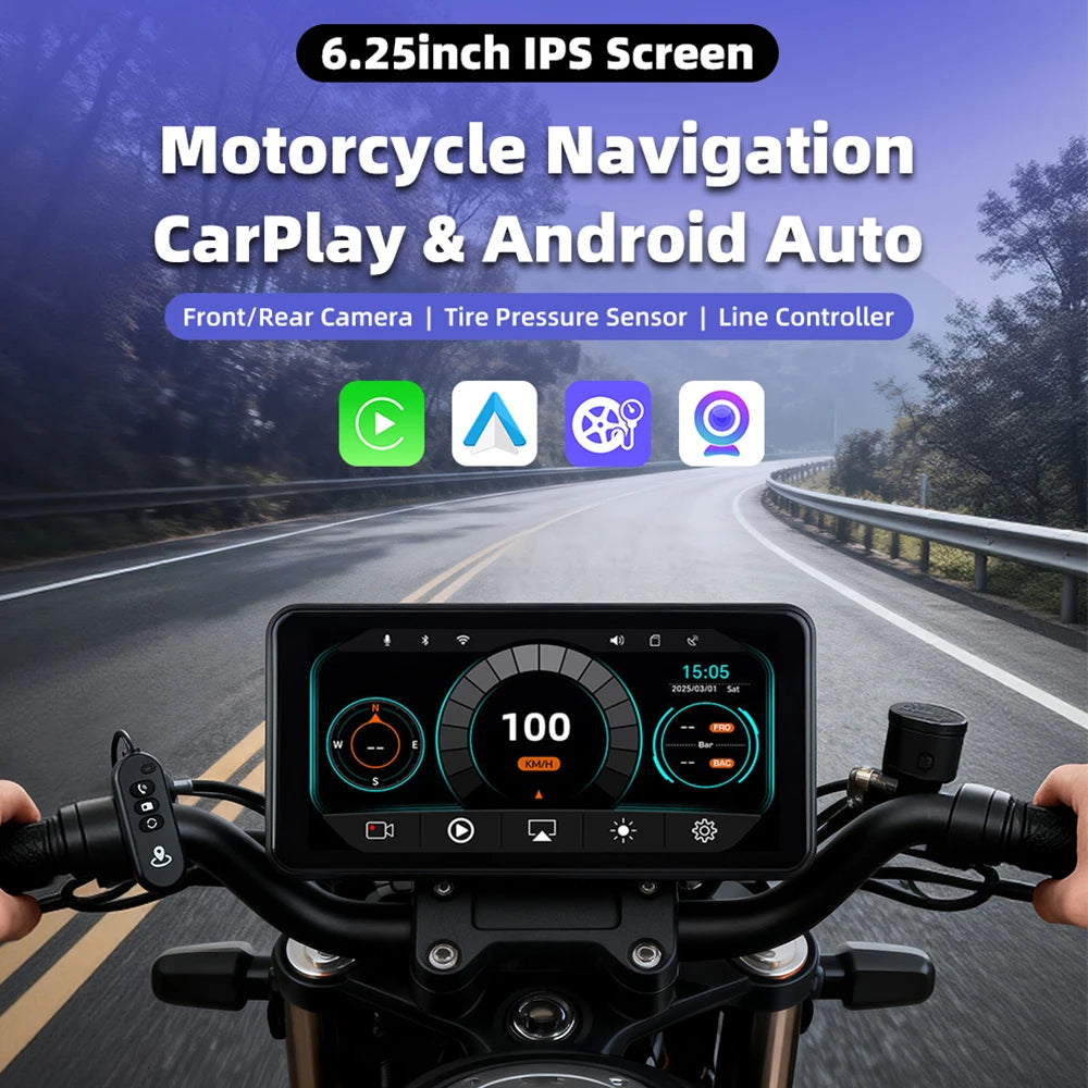 EKIY 6.25" Wireless CarPlay Moto Android Auto Portable Digital Dashboard GPS Motorcycle Navigation Display Screen TPMS Monitor
