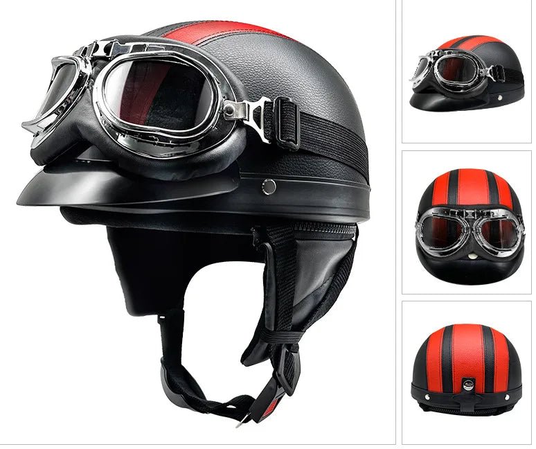 Retro Leather Motorcycle Helmets For Men Women Vintage Moto Half Helmet With Goggles Four Seasons Riding Scooter Capacetes