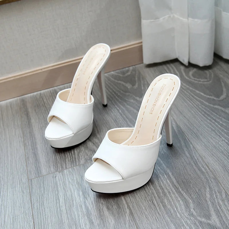 Voesnees White Slippers Summer 2024 New Nightclub Super High Heels 12CM Stiletto Women Platform Sandals Slides Party Shoes Mules