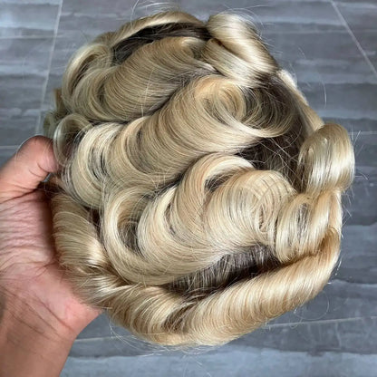 Men's Super Natural Hairline 100% Human Hair Ombre Blonde Capillary Prosthesis System Wigs Brown Roots Durable Thin Skin Toupee