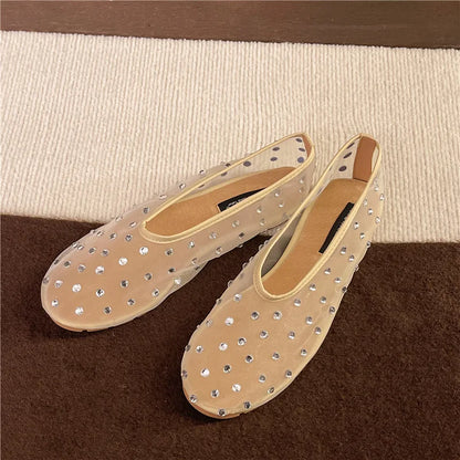 Women Flats Luxury Crystal Rivet Design Sandals Summer Mesh Breathable Ballet Shoes Plus Size Ladies Elegant Party Dress Loafers