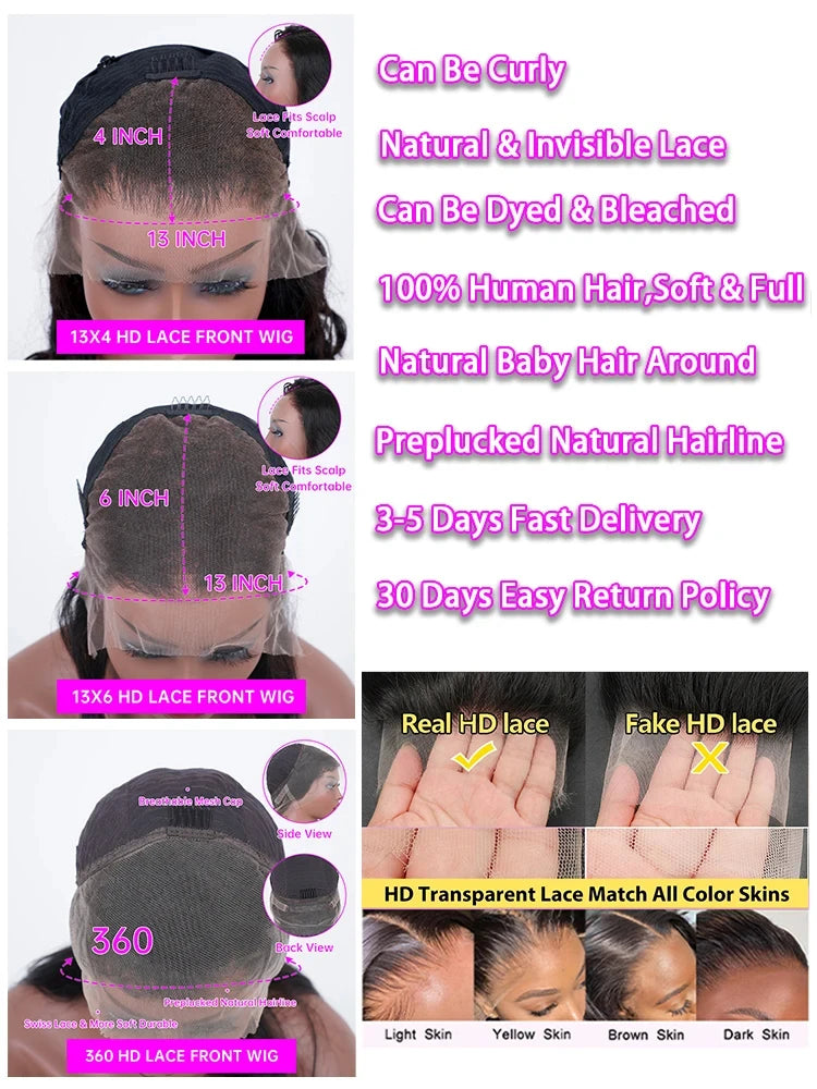 40 50 Inch 13x6 Bone Straight HD Transparent Lace Frontal Wig 250 Density Lace Front Human Hair Wigs 360 Full Lace Wig For Women