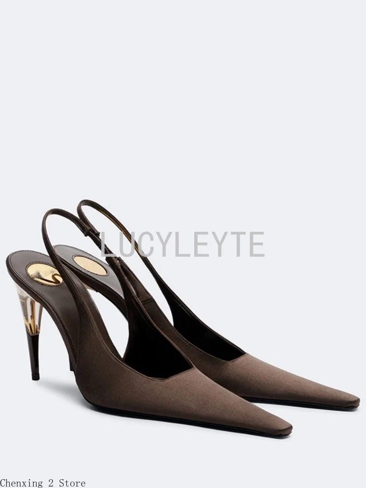 Women Satin Pointed‑Toe Stiletto Pumps with Clear Heel, Elegant Back Strap Dress Heels for Formal Dating Club Occasions