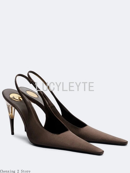 Women Satin Pointed‑Toe Stiletto Pumps with Clear Heel, Elegant Back Strap Dress Heels for Formal Dating Club Occasions