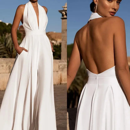 Elegant Women Corset Party Jumpsuit Y2K Sexy Halter Backless Loose Wide Leg Trousers Palazzo Pants Romper Celebrity One Pieces