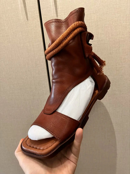 Birkuir High Top Open Toe Sandals For Women Summer Boots Luxury Hollow Out Beach Sandals Genuine Leather Flats Shoes Ladies