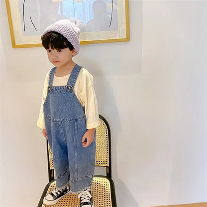 2025 Autumn New Children Loose Overalls boys girls casual all-match denim Trousers Spring Fall Solid Outwear 1-7Y Kids bib pants