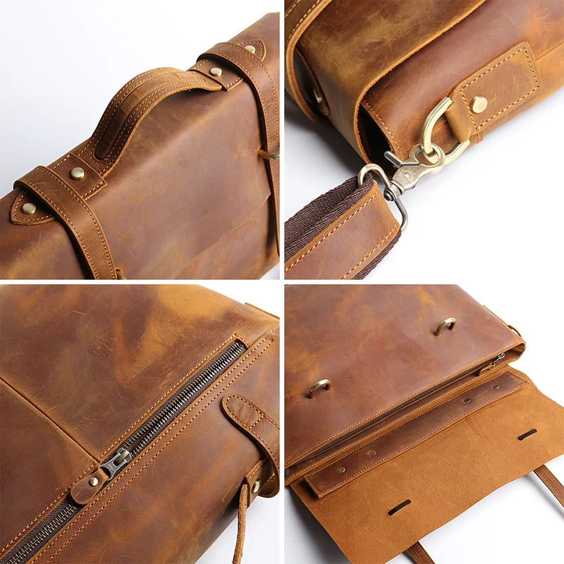 Leathfocus Vintage Leather Briefcase Fashion Design Men's Lightweight Crossbody Bag Men's Tote Handbag 15 inch Laptop Bags