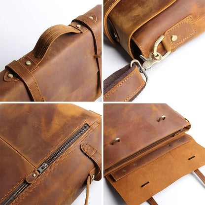 Leathfocus Vintage Leather Briefcase Fashion Design Men's Lightweight Crossbody Bag Men's Tote Handbag 15 inch Laptop Bags