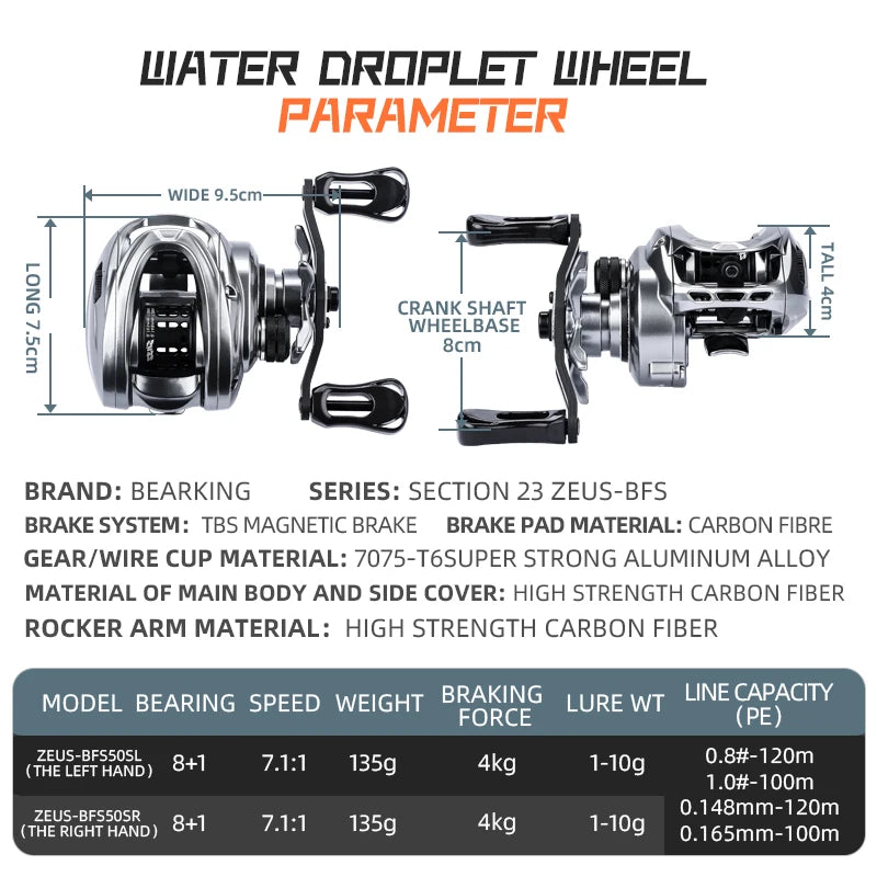 BEARKING Hot Sales Zeus-BFS 135g Lightweight Carbon Fiber 7.1:1 High-speed Ratio 8+1 Bearings Maximum Power 4kg Magnetic Brake