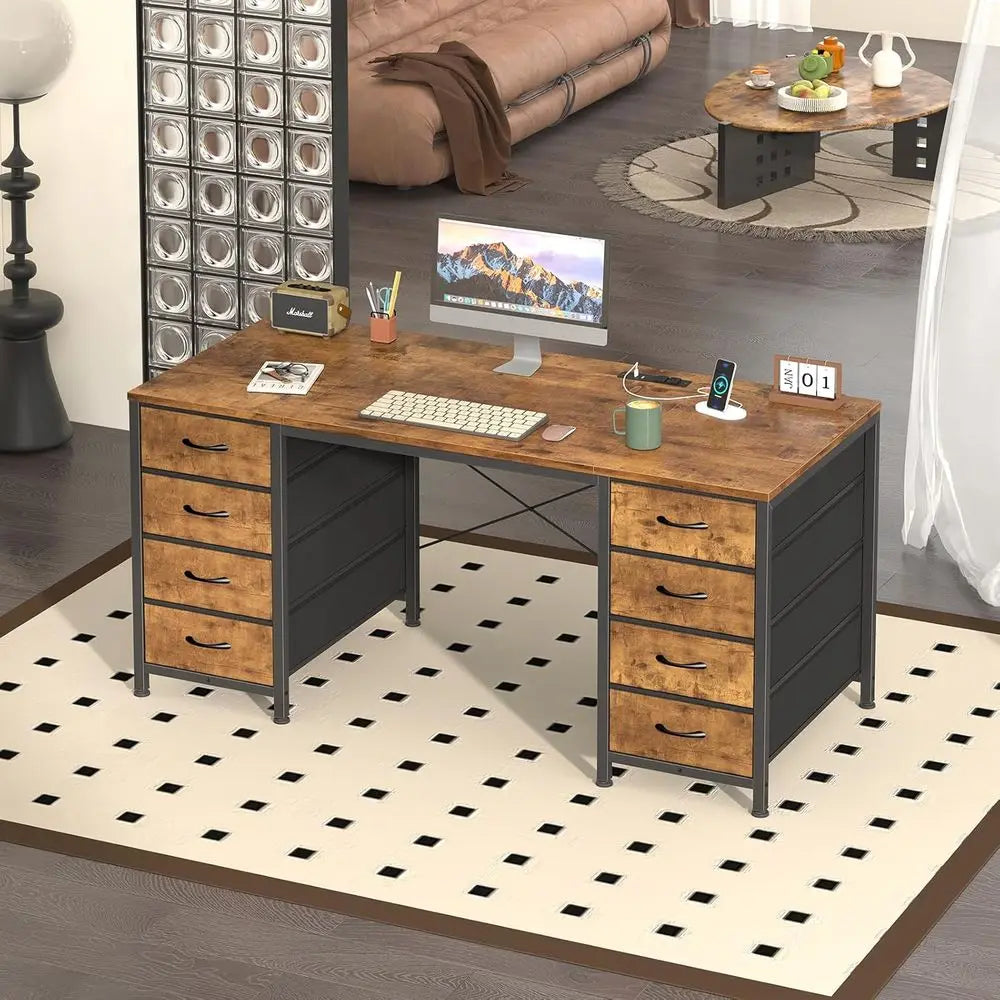 50-inch Rustic Brown Study Desk with 8 Drawers, Power Outlets for Home Office and Gaming
