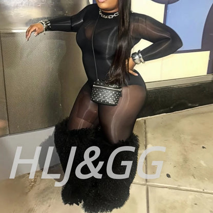 HLJ&GG Black Sexy See Though Bodycon Jumpsuits Women Round Neck Long Sleeve Slim Playsuits And Bodysuits Outfit Fashion Clubwear