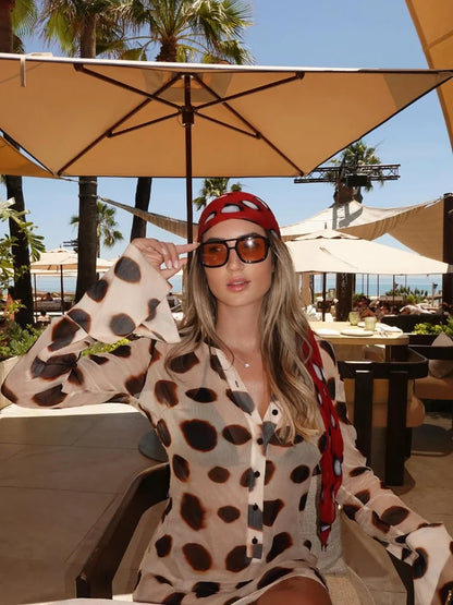 2026 Women Chic Vacation Outfits Fashion Leopard Print Sheer Chiffon Shirt Casual Turn-down Collar Mini Dress & Detachable Scarf