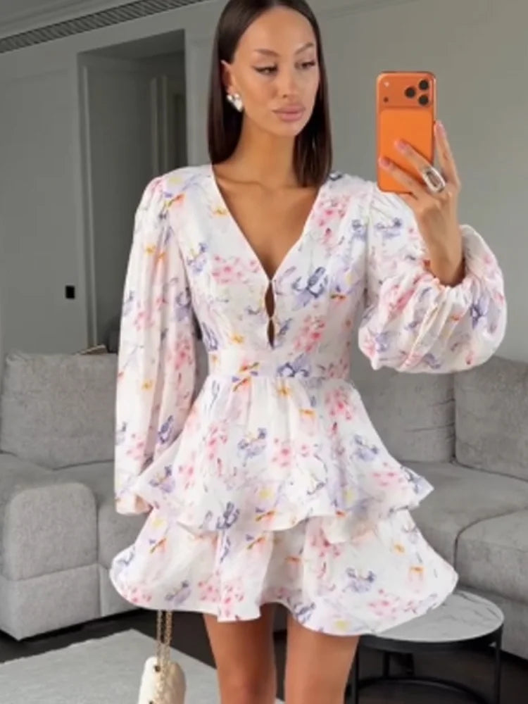 Sexy Deep V-neck Floral Printed  Long Sleeve Women Dress Fashion Waist-cinched Pleated Button-front Vestidos 2026 Daily Outfits