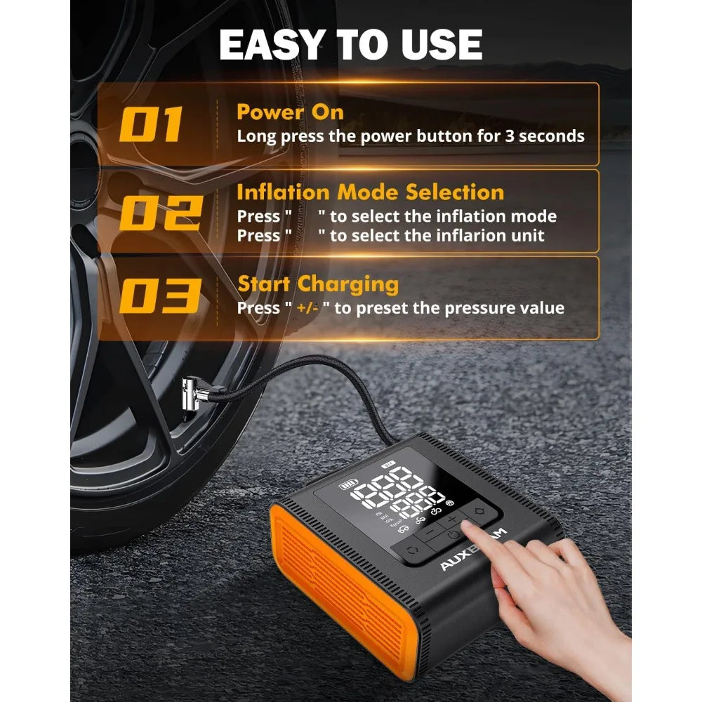AUXBEAM H4Pro Tire Inflator Portable Air Compressor,150PSI 2 in 1 Rechargeable 5200mAh Car Tire Inflator Portable 4 Preset