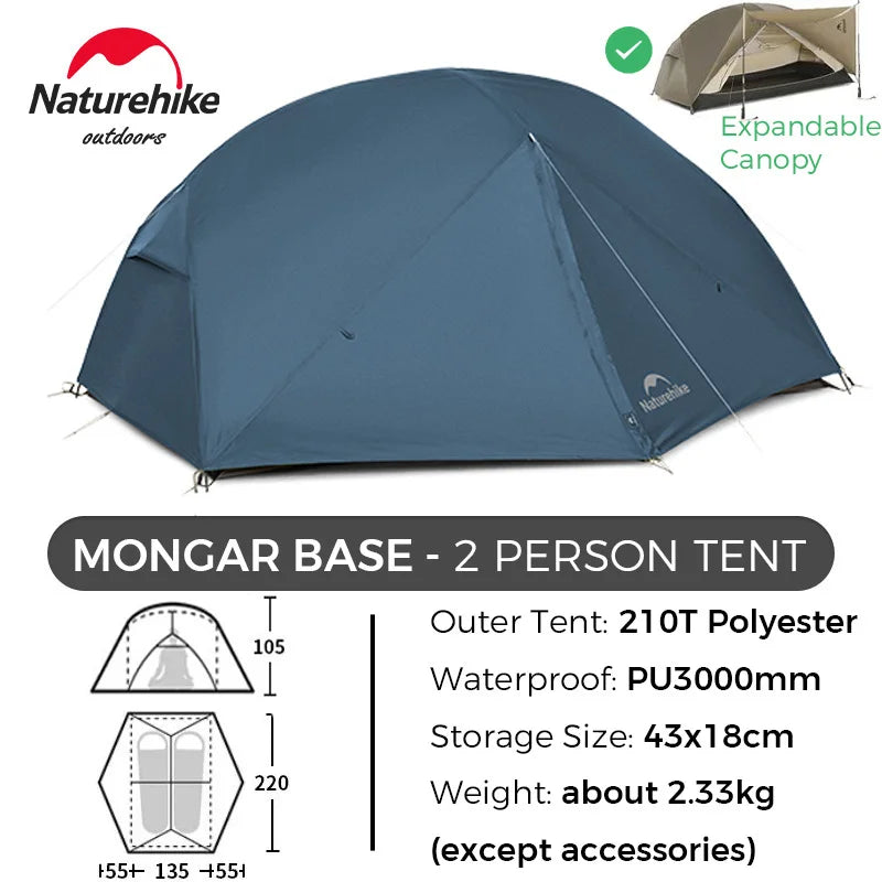 Naturehike Mongar 2 UL/PRO 1-2 Person Backpacking Tent Nylon Waterproof Ultralight Travel Trekking Shelter Tent with Footprint