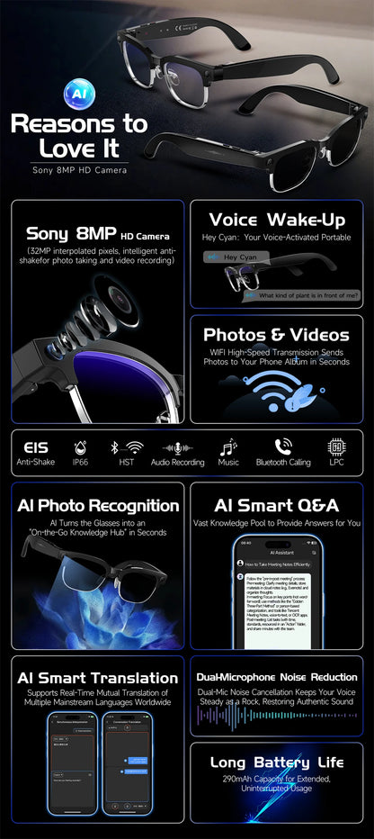 LIGE New 800W Pixel Camera Smart Glasses Men 4K Video Recording AI Photo Recognition Bluetooth Call Voice Translation Sunglasses