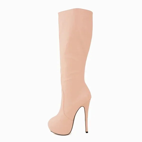 New Large Size Women Boots Autumn Winter Sexy 14cm Super High Heels Long Over Knee Long Boots Leather Round Toe Red Pumps Shoes