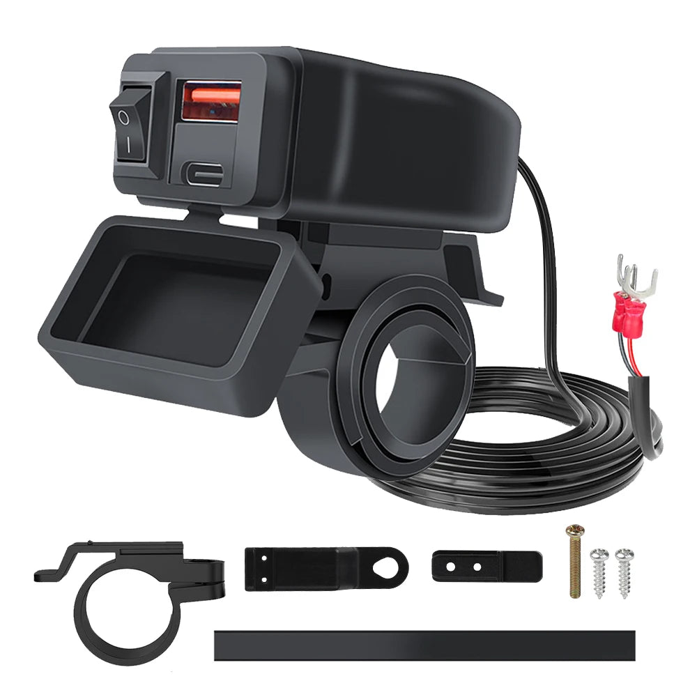 60W QC3.0+PD Motorcycle Handlebar & Rear Mirror With Digital Voltmeter Thermometer USB Socket Fast Charger Phone Power Adapter