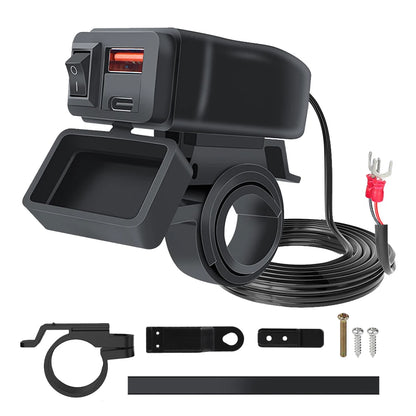 60W QC3.0+PD Motorcycle Handlebar & Rear Mirror With Digital Voltmeter Thermometer USB Socket Fast Charger Phone Power Adapter