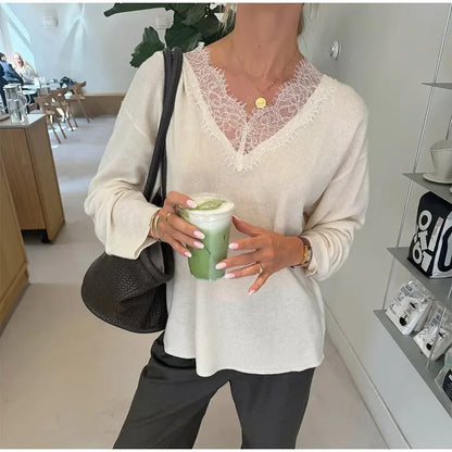 Women Fashion Lace Pullovers Elegant Long Sleeves Chic V-neck Solid Slim Knitwear 2025 Autumn Winter Daily Commute Outerwear