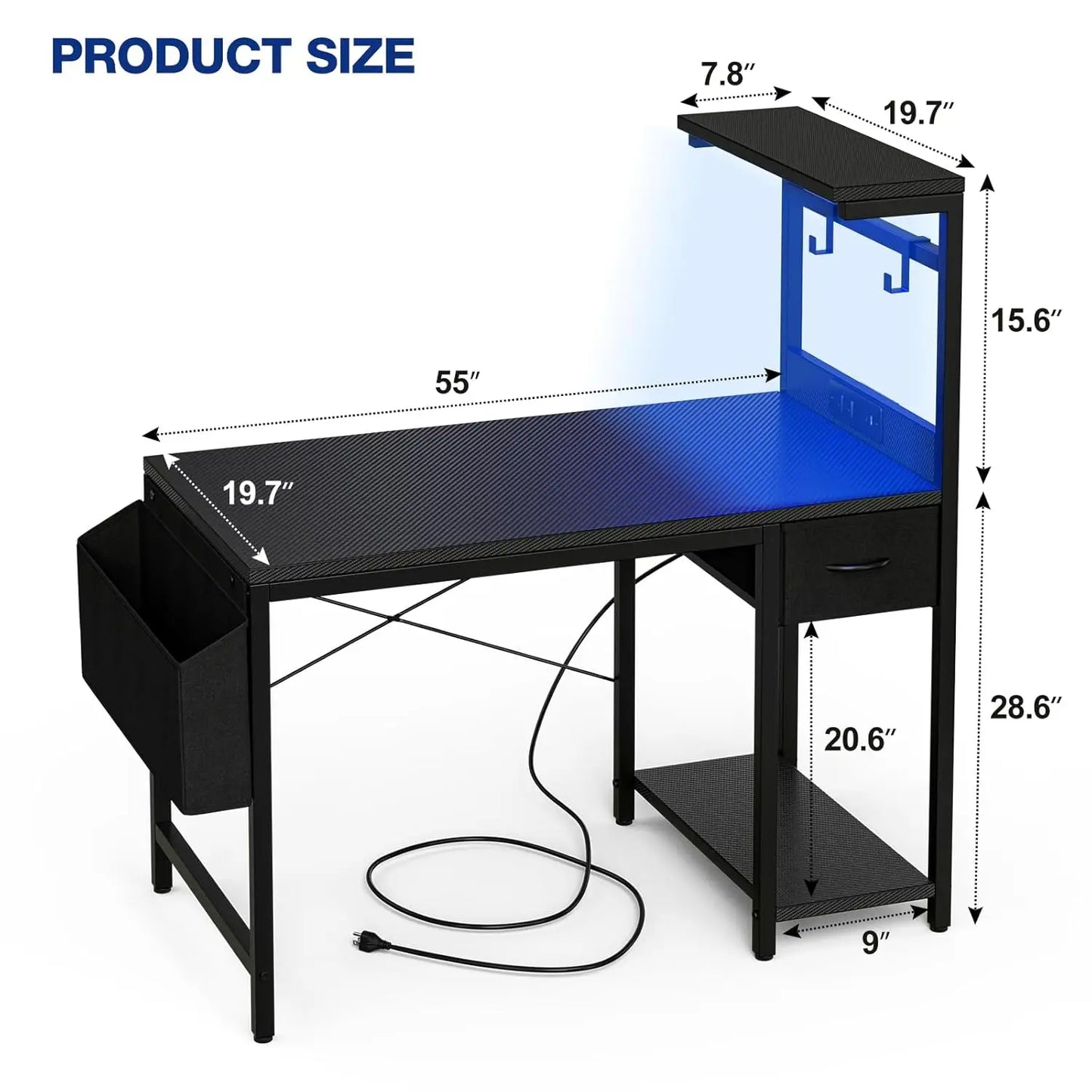 Gaming Desk 55 Inch with Power Outlet and LED Light, Computer Desk with Reversible Shelves and Storage Drawer, Pc, Customized