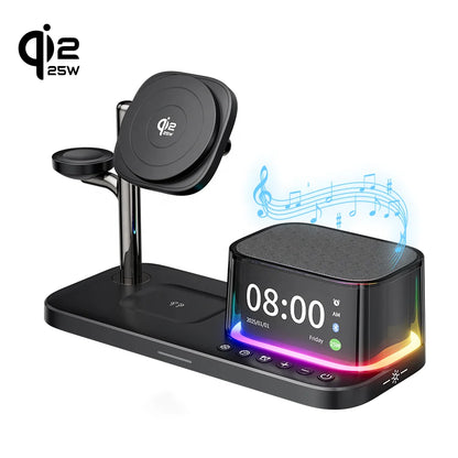 25W QI2 Wireless Charger with Wireless Speaker Digital Clock 3 in 1 Wireless Magnetic Charger for Iphone17 Charger Fast Charging